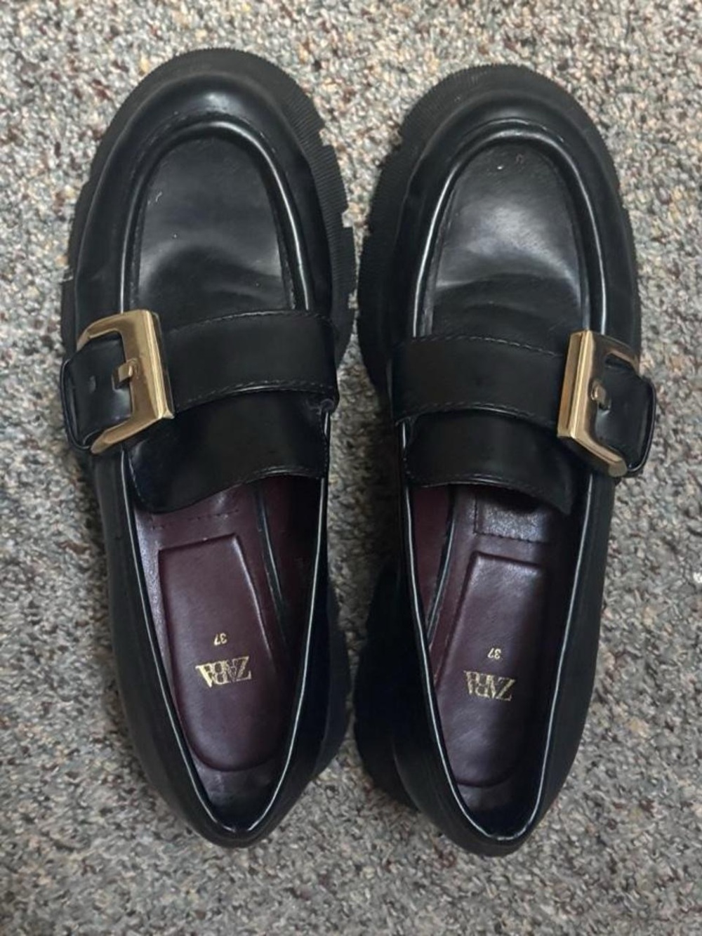 Zara Black Slip-On Loafers with Gold Buckle size 6.5